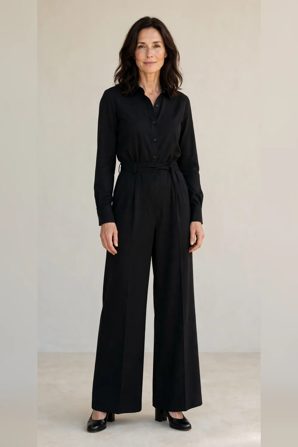 Black wide-leg jumpsuit with block heels for an office Christmas party