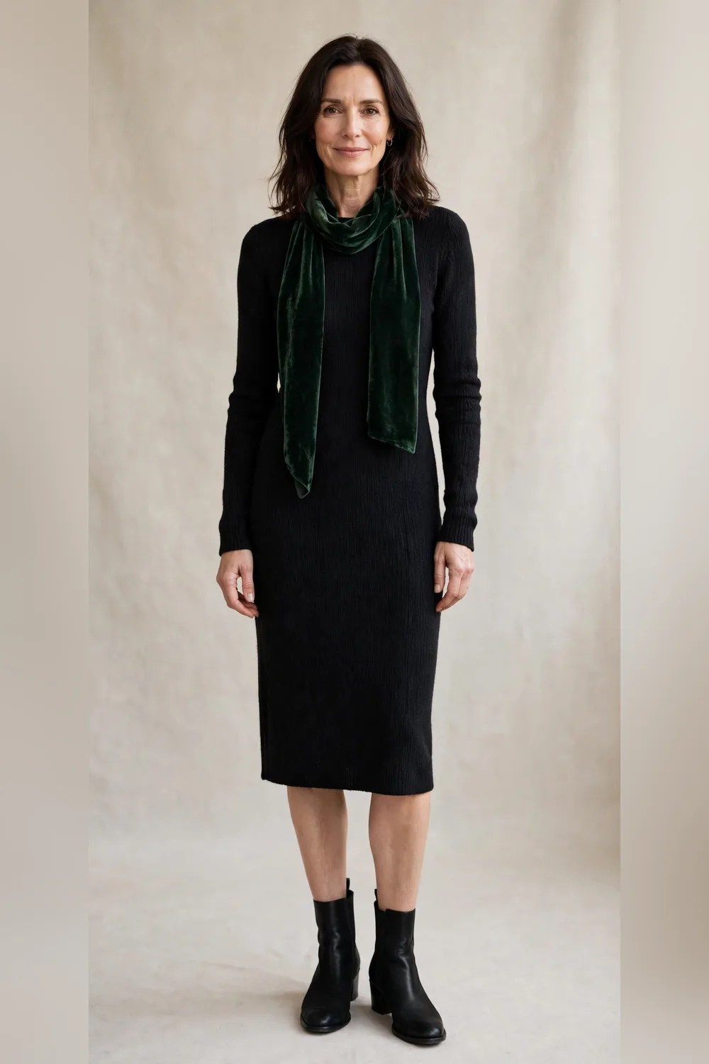 Black knit dress with a green velvet scarf for an office Christmas party