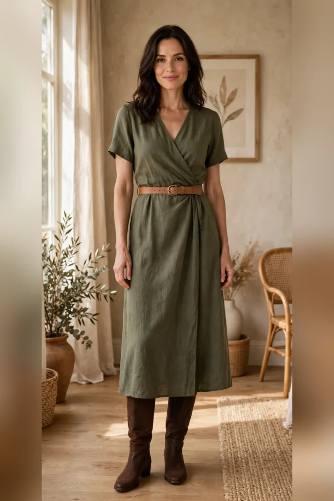 Woman in her 30s wearing an olive wrap midi dress with a tan belt and chocolate knee-high boots.
