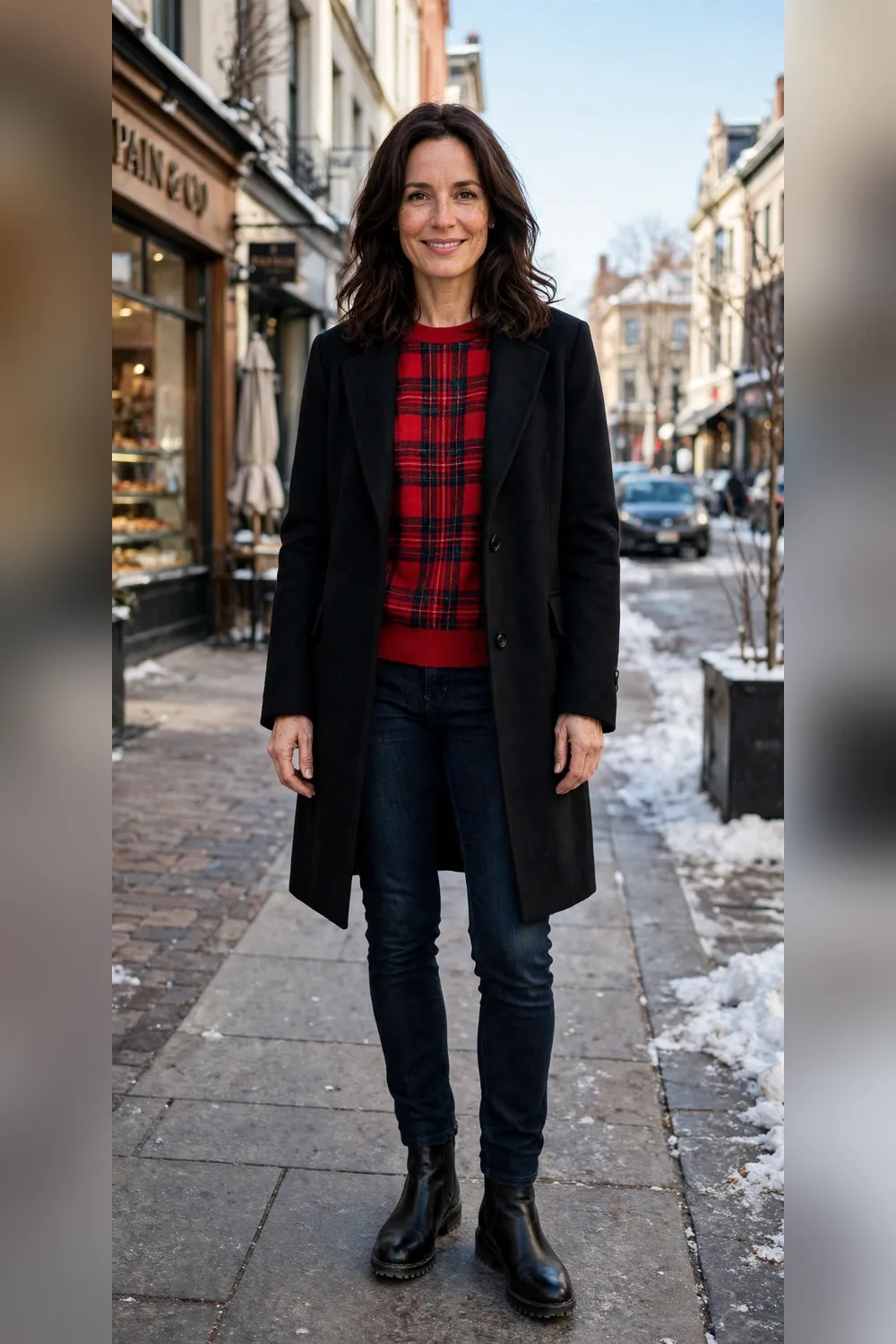 Single red plaid sweater with solid black coat styling for women over 40