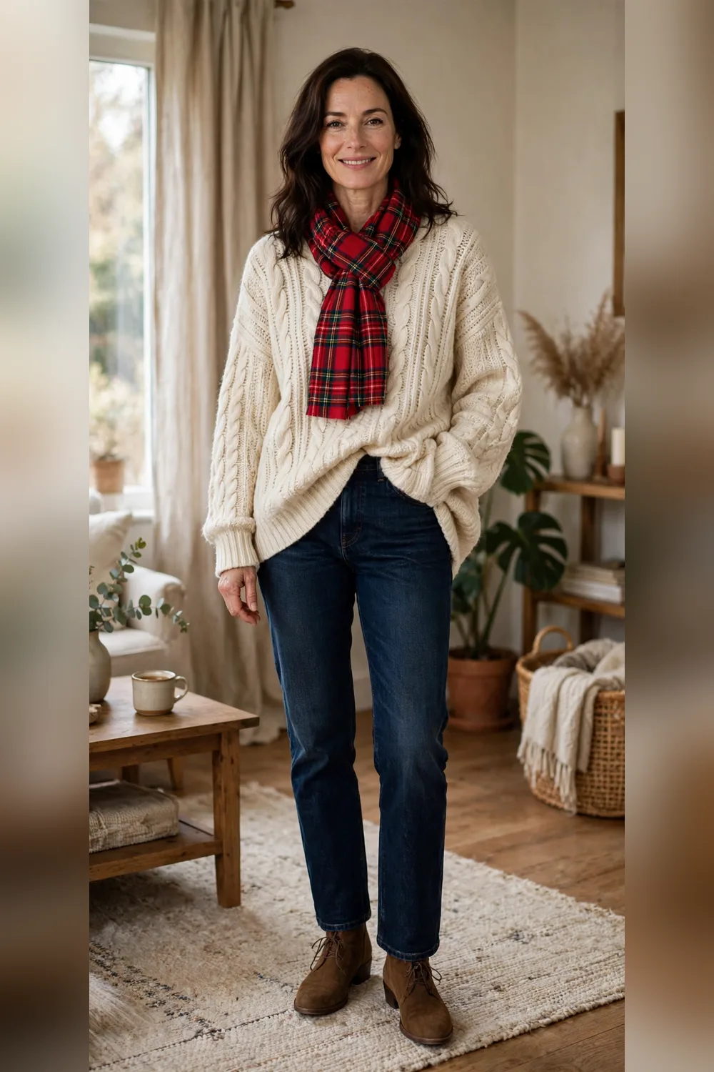 Woman in her 40s wearing an oversized cream sweater with dark denim and a plaid scarf