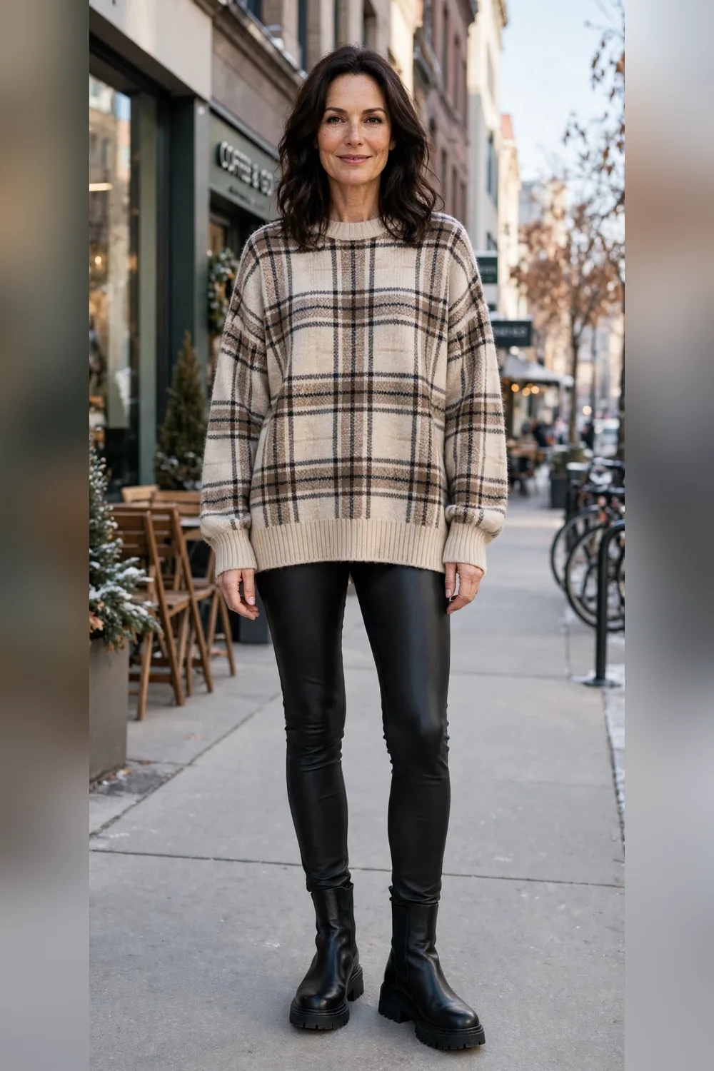 Oversized plaid sweater with faux-leather leggings outfit over 40