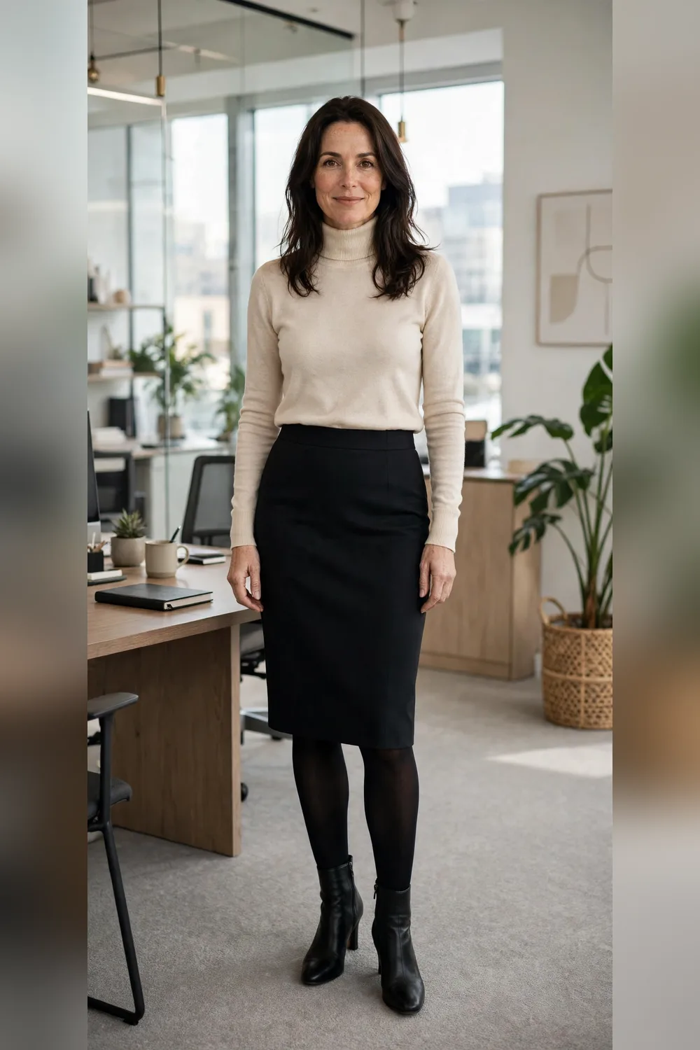 Black pencil skirt with cream turtleneck and tights work outfit