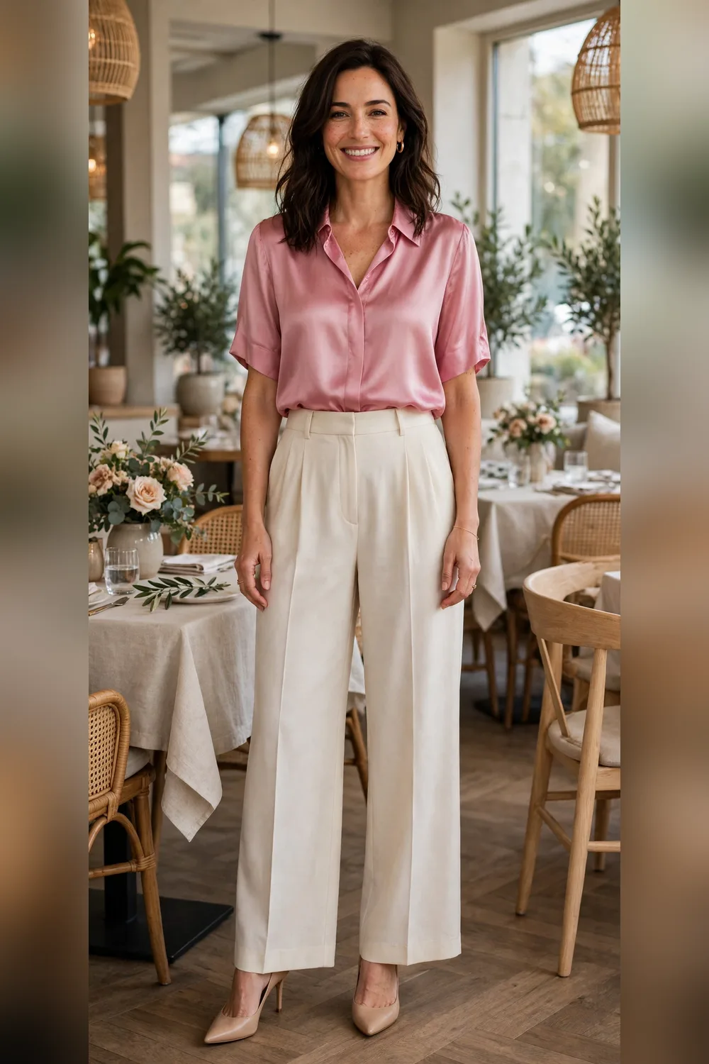 Pink blouse with cream trousers Valentine's daytime outfit
