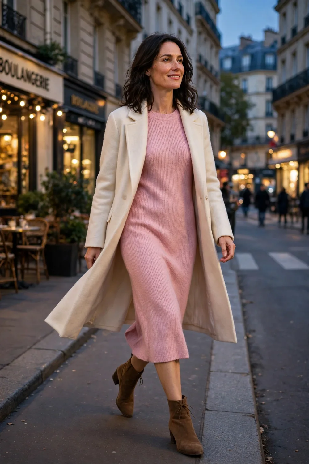 Soft pink knit dress Valentine's outfit with knee boots