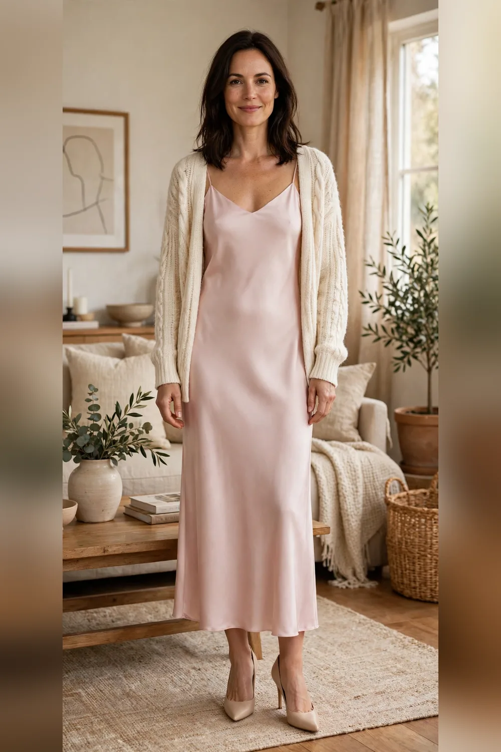 Pale pink slip dress with cozy cardigan Valentine's outfit