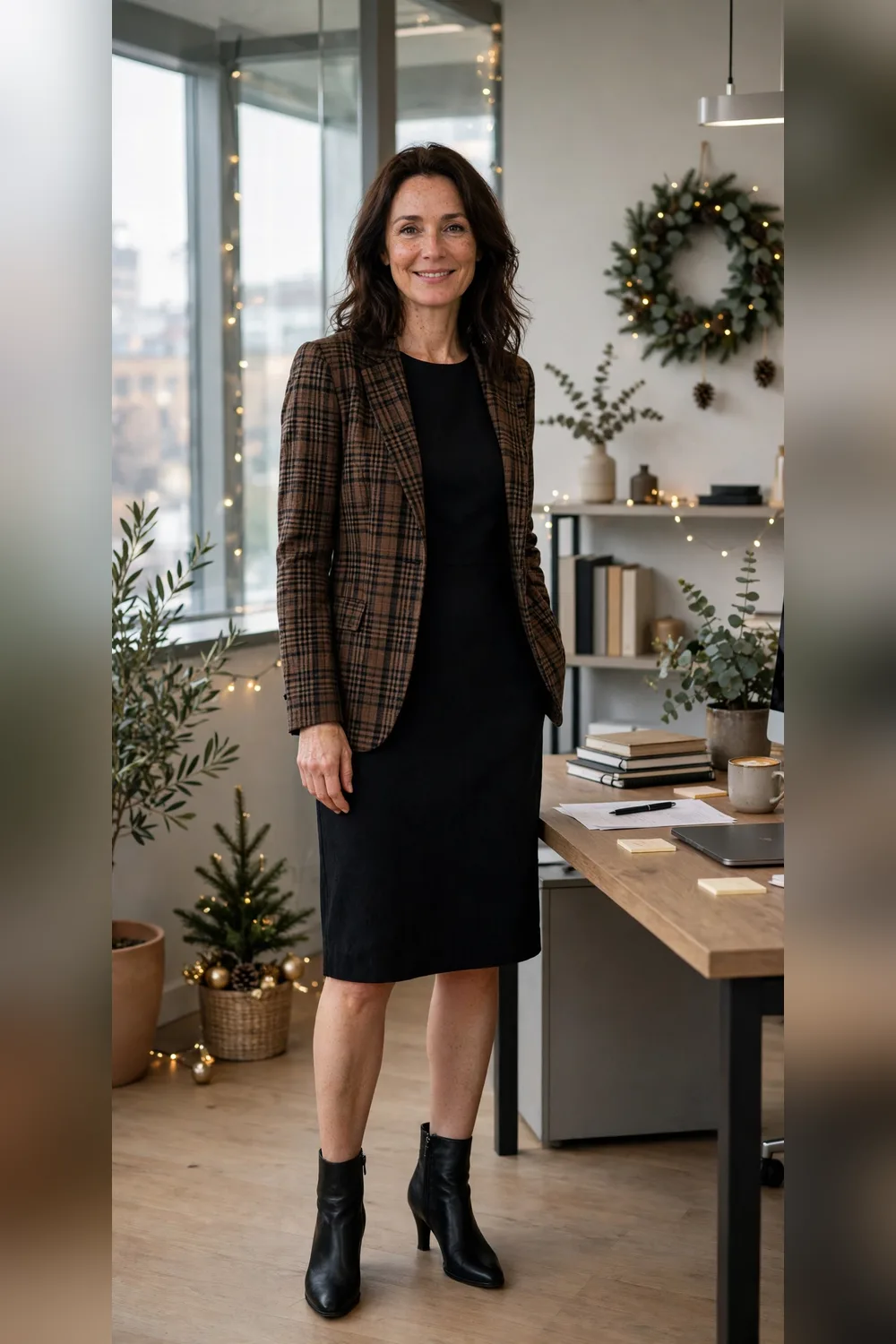 Plaid blazer over black dress office Christmas party outfit over 40
