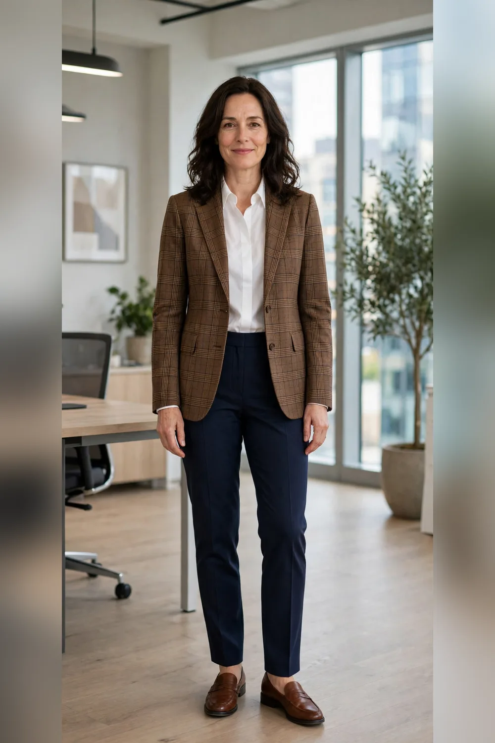Plaid blazer with navy trousers work outfit for women over 40