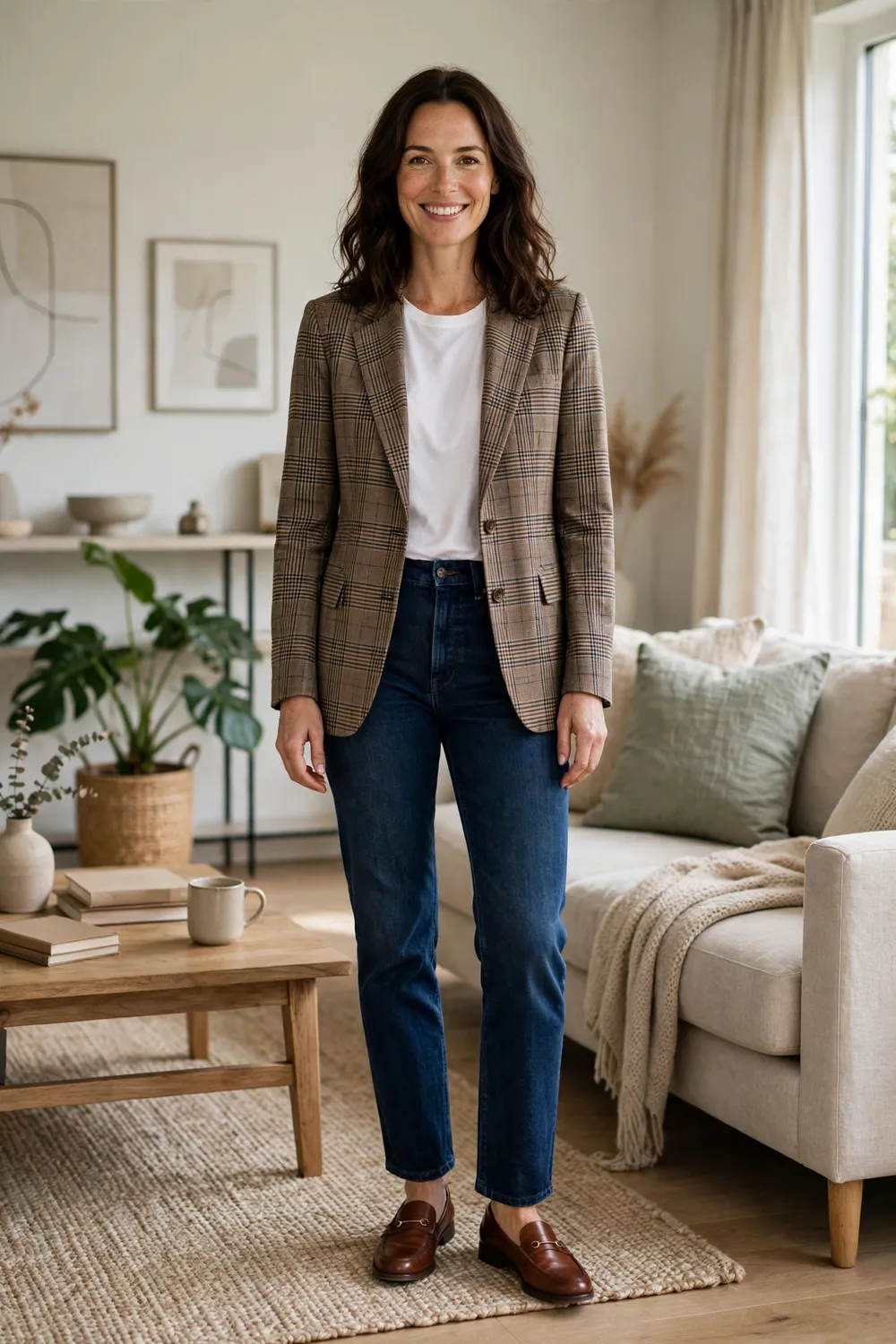 Woman in her 30s wearing a plaid blazer over a white tee with dark jeans and loafers