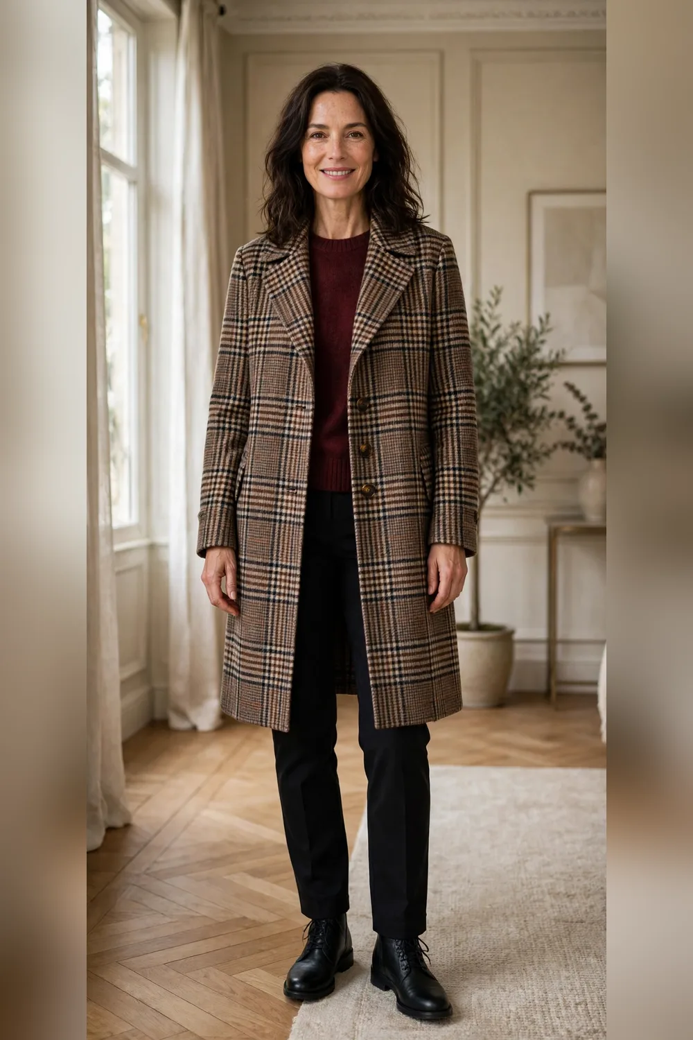 Woman in her 40s wearing a plaid wool coat over a burgundy knit and black trousers