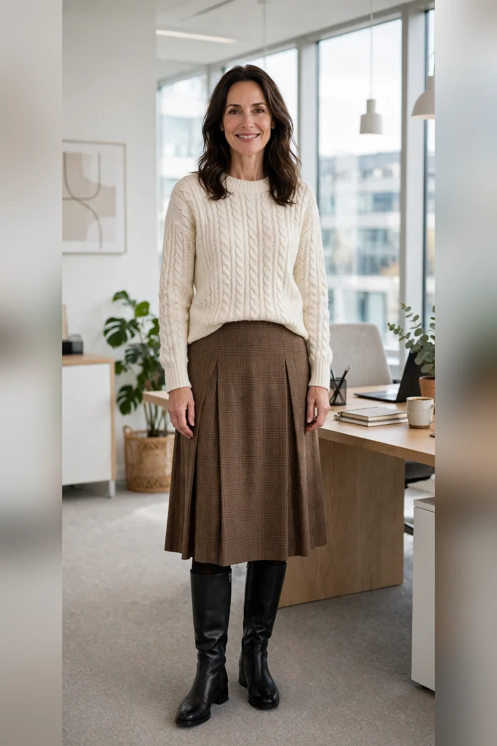 Plaid midi skirt with black sweater and knee boots work outfit