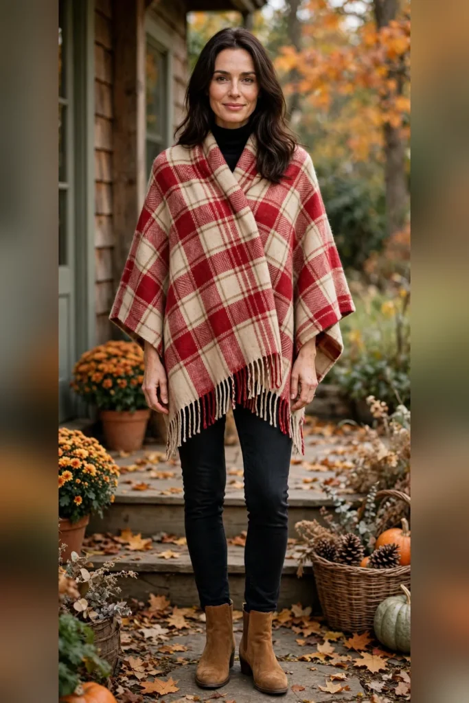 Woman in her 30s wearing a red-and-cream plaid wool poncho with black skinny jeans and suede ankle boots.
