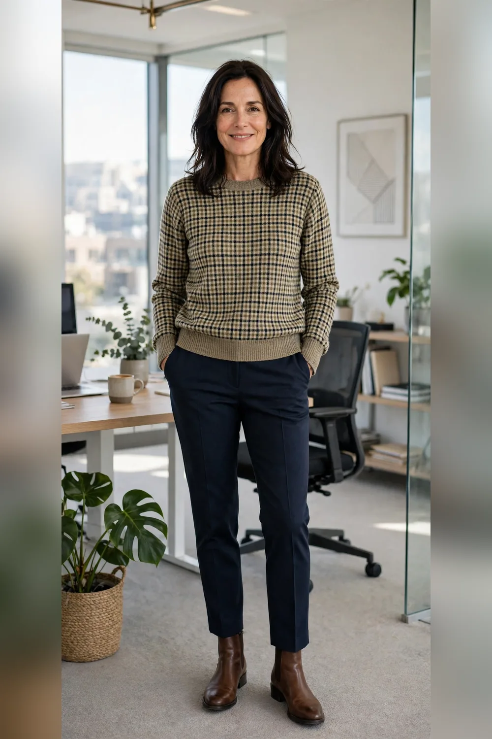 Small-check plaid sweater with tailored trousers styling guide for women over 40