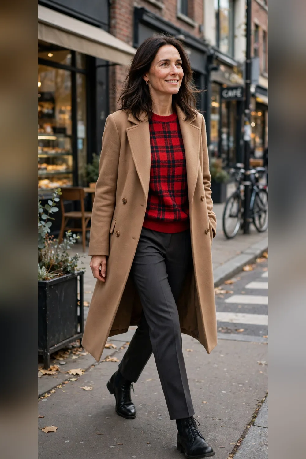 Red plaid sweater with dark neutral trousers and camel coat for women over 40