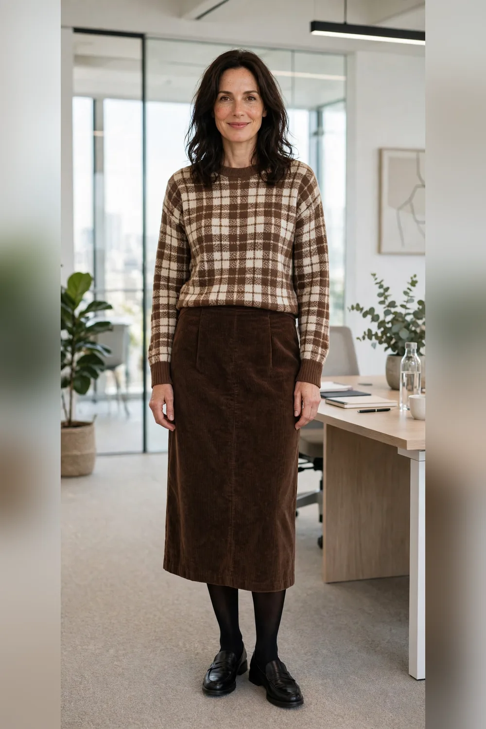 Plaid sweater with corduroy midi skirt work outfit over 40