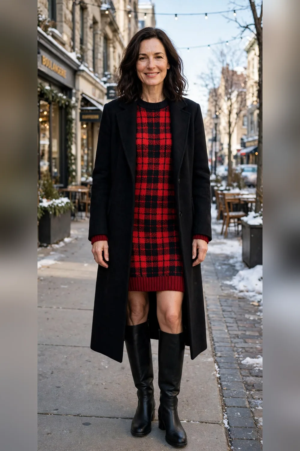 Plaid sweater dress with knee-high boots outfit over 40