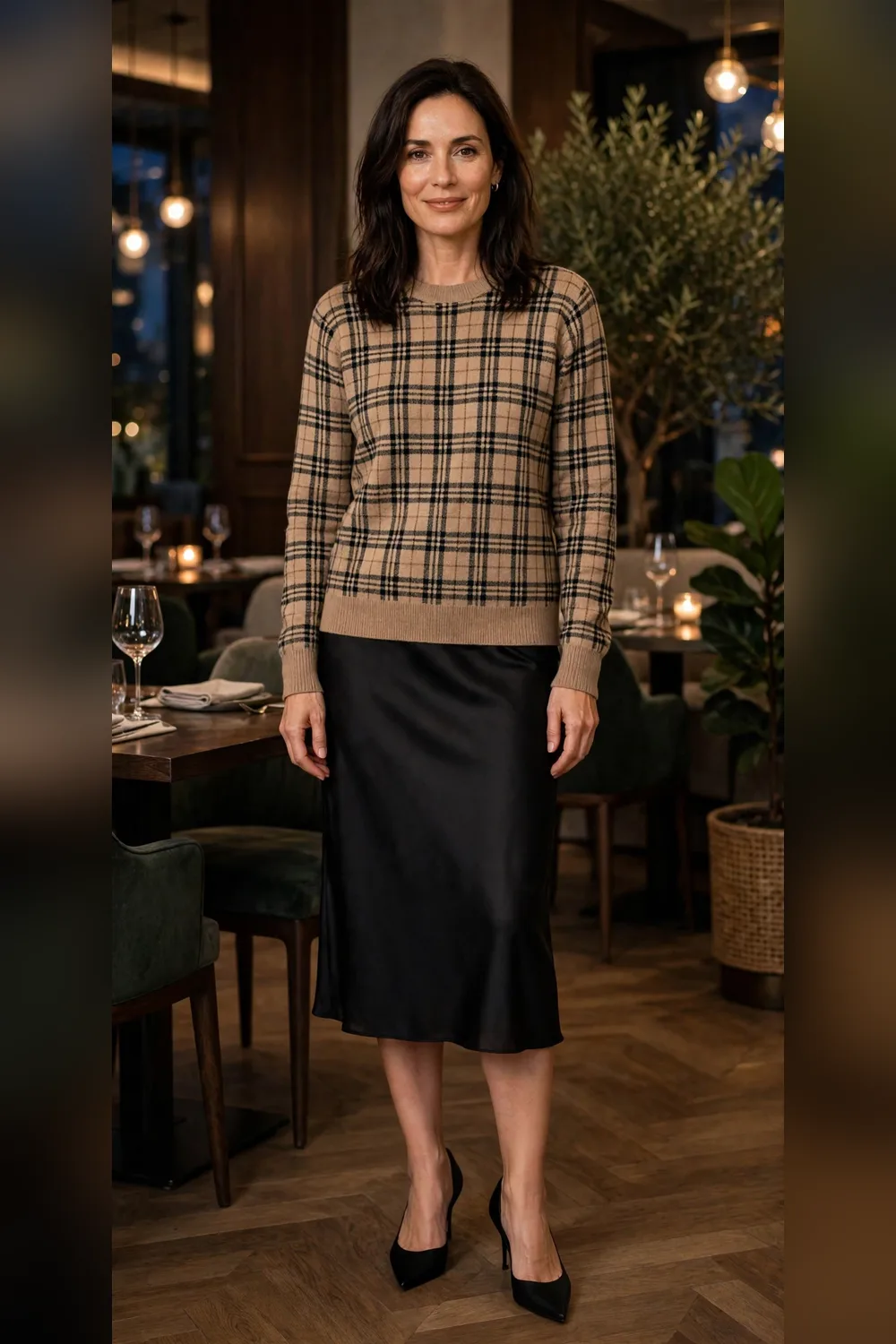 Plaid sweater evening outfit with satin skirt for women over 40