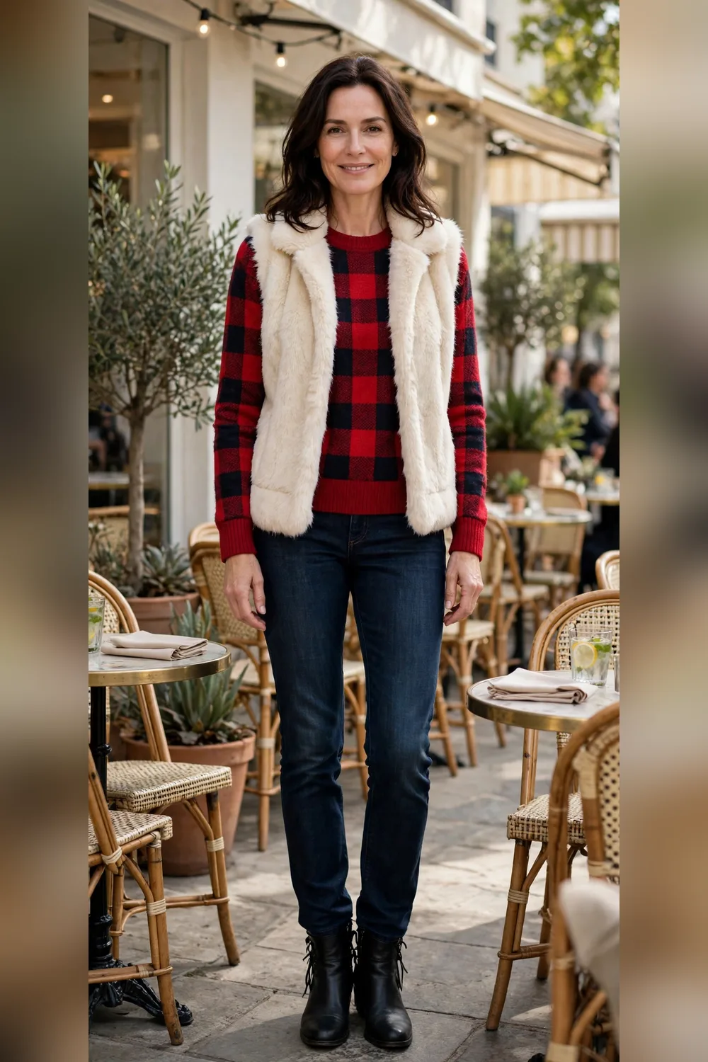 Plaid sweater with faux-fur vest weekend outfit over 40