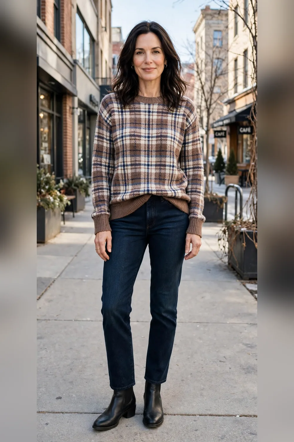 Plaid sweater half-tucked into dark jeans fit guide for women over 40