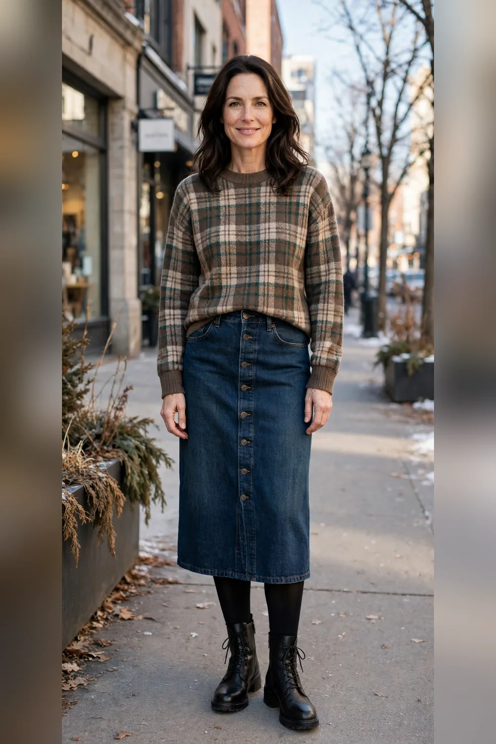 Plaid sweater with denim midi skirt and ankle boots for women over 40