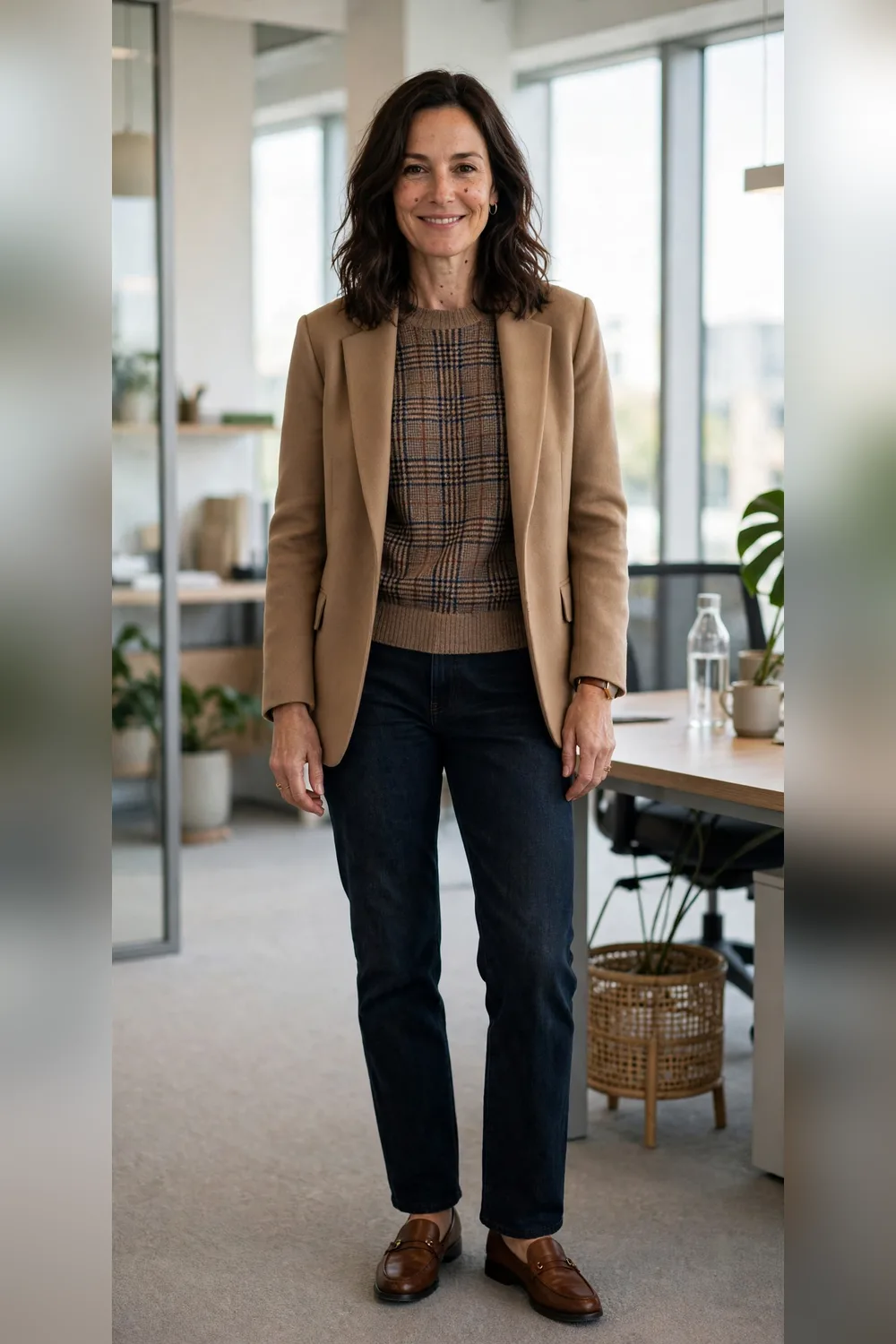 Plaid sweater layered under open blazer for women over 40