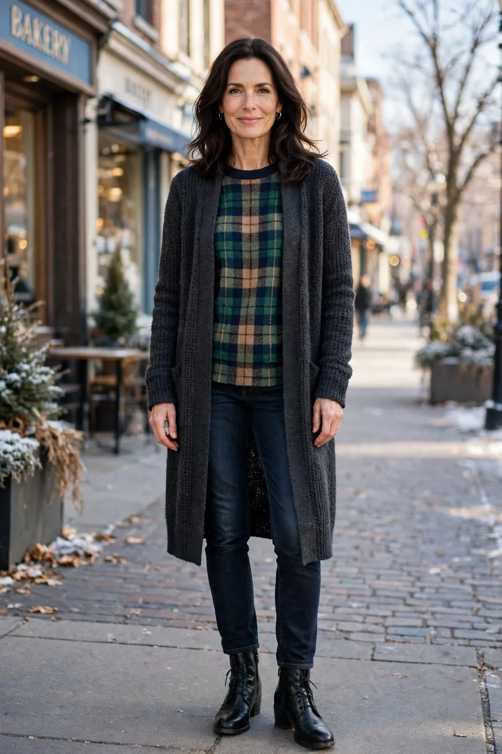 Plaid sweater with longline cardigan outfit over 40