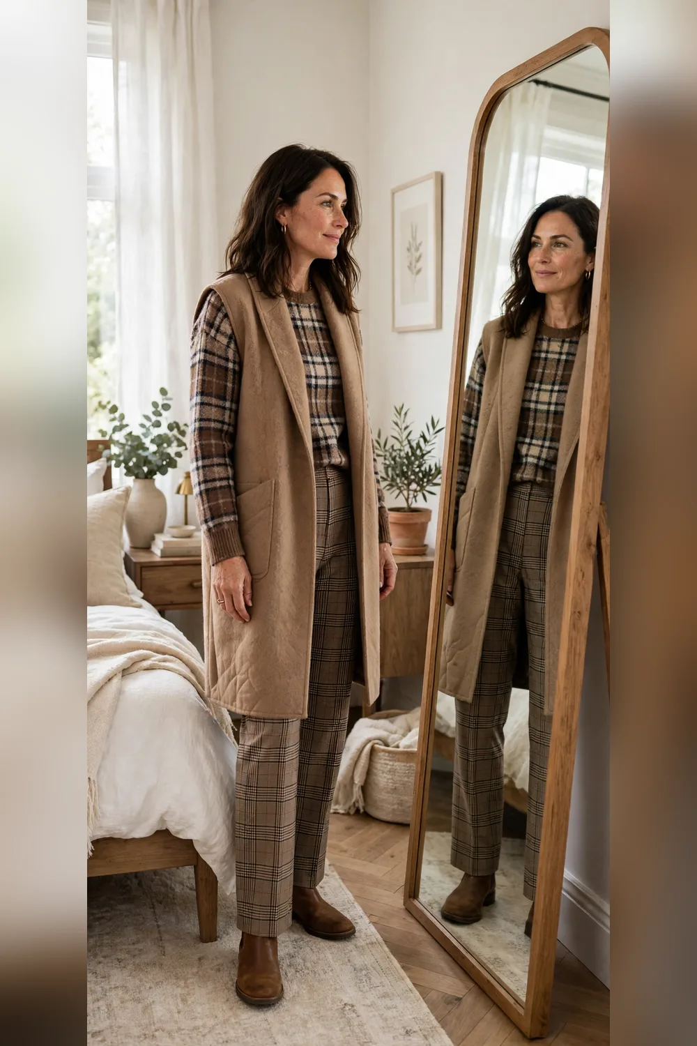Plaid sweater outfit with long wool vest mirror check for women over 40