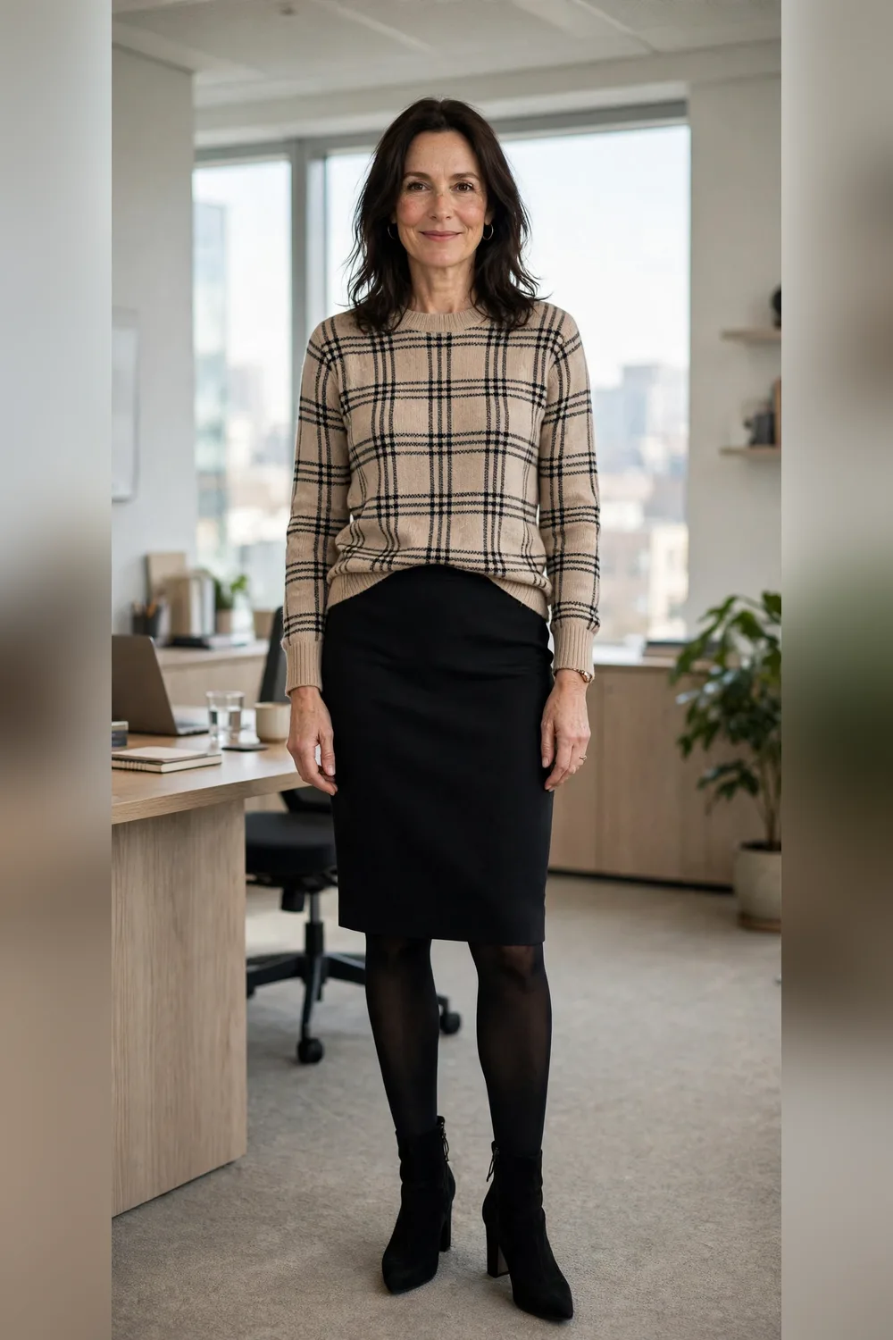 Plaid sweater with pencil skirt work outfit over 40