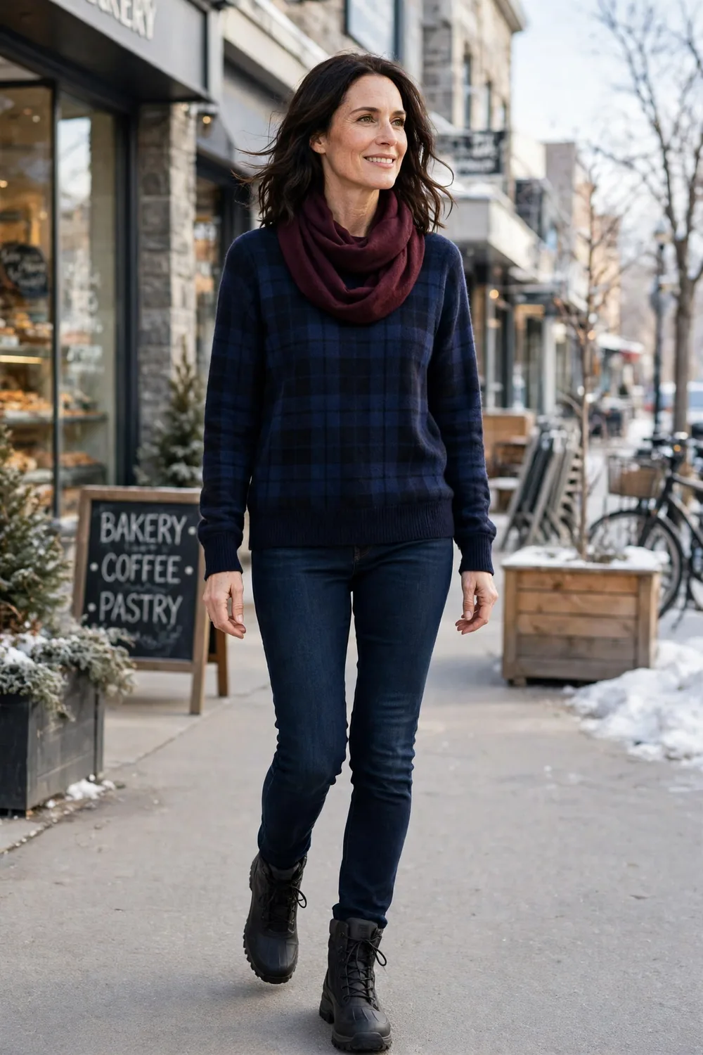 Plaid sweater with scarf and ankle boots winter walk outfit over 40