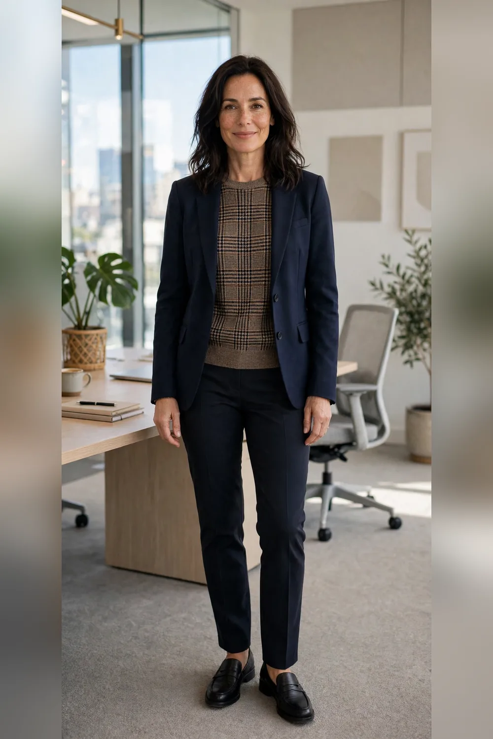 Plaid sweater under tailored blazer work outfit over 40