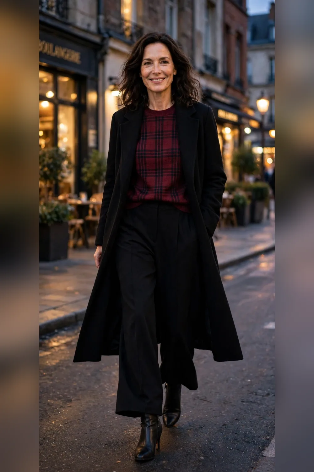 Plaid sweater with wool coat evening outfit over 40