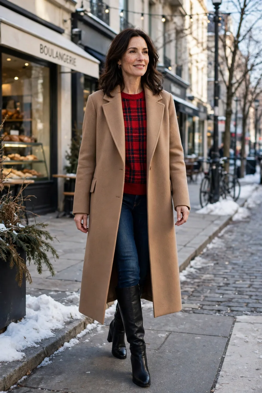 Plaid sweater with wool coat outfit over 40