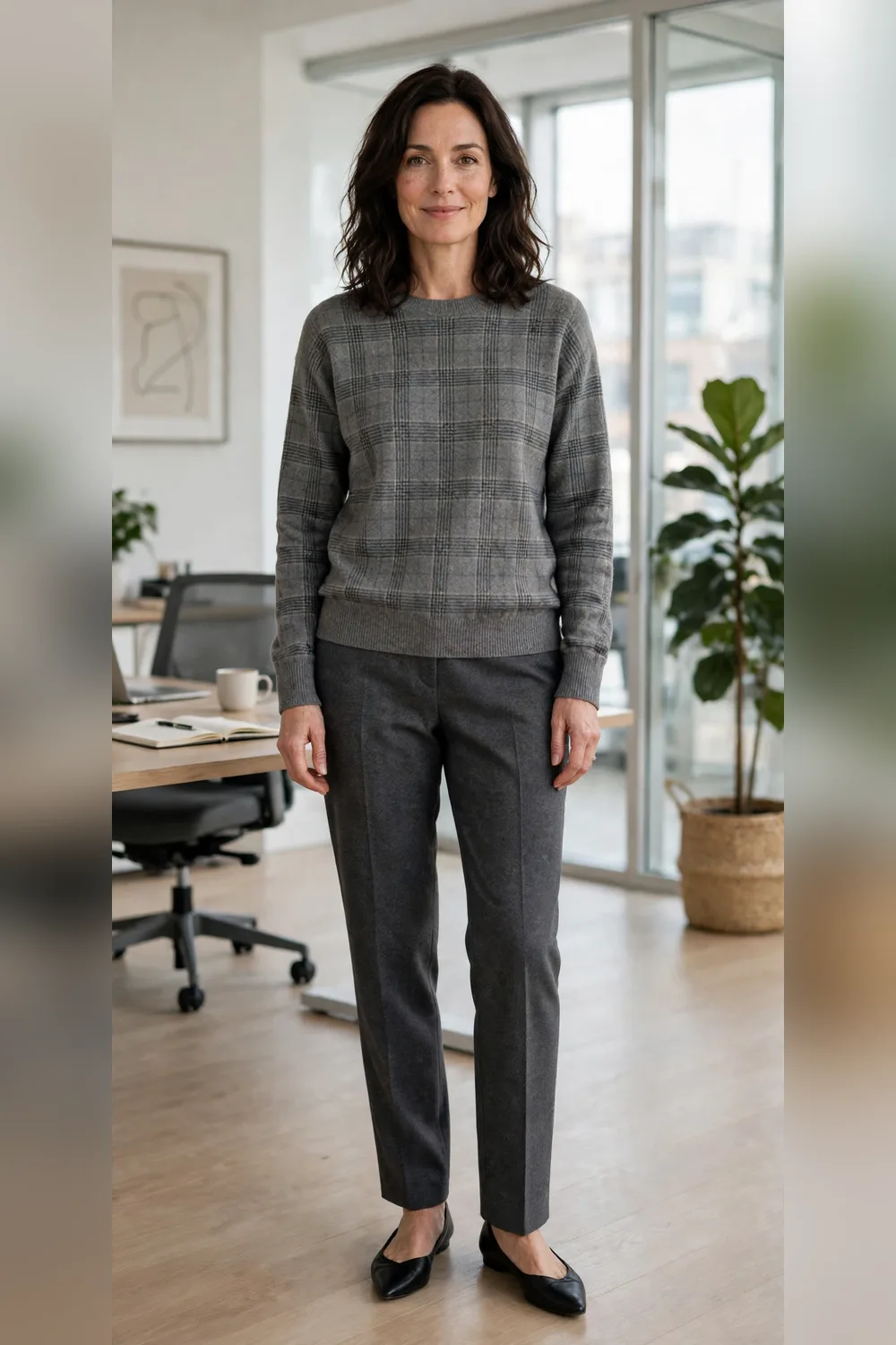 Plaid sweater with wool trousers work outfit over 40