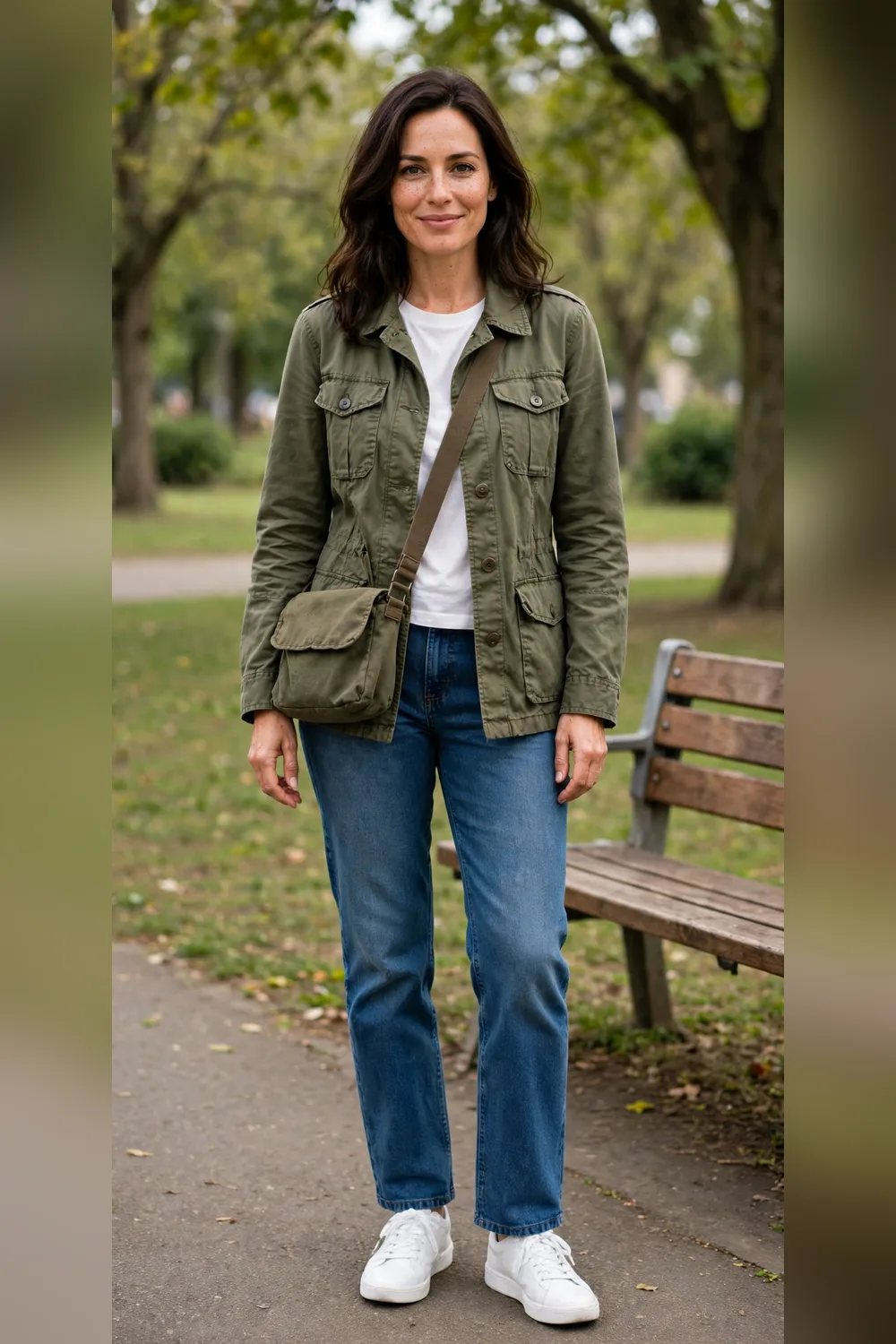 Playground polished mom outfit utility jacket jeans and white sneakers