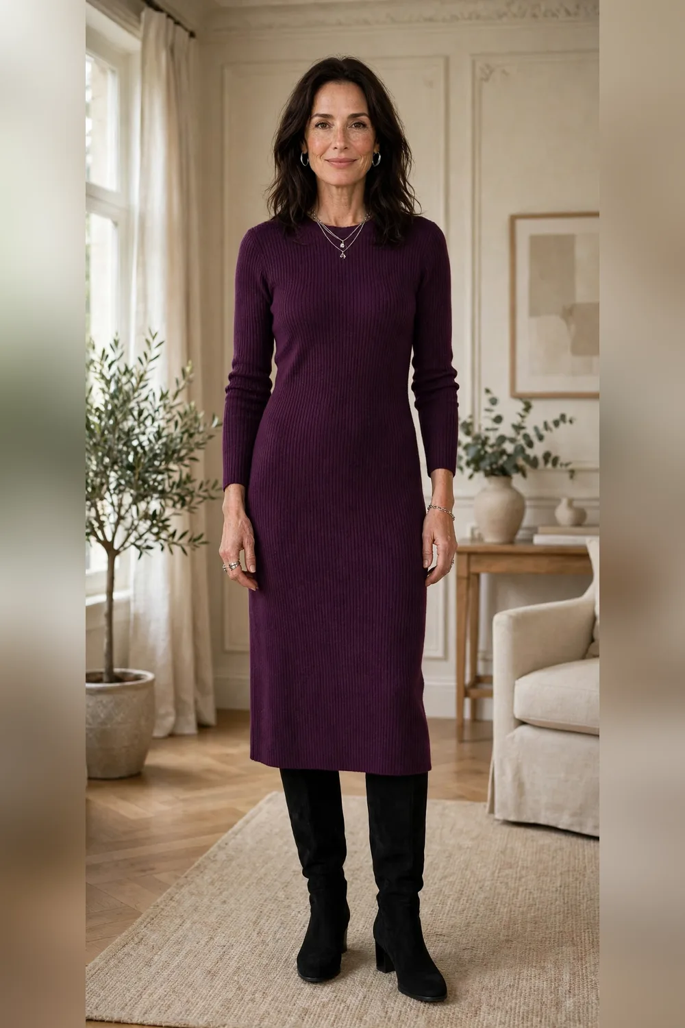 Woman in her 40s wearing a plum knit dress with black knee boots