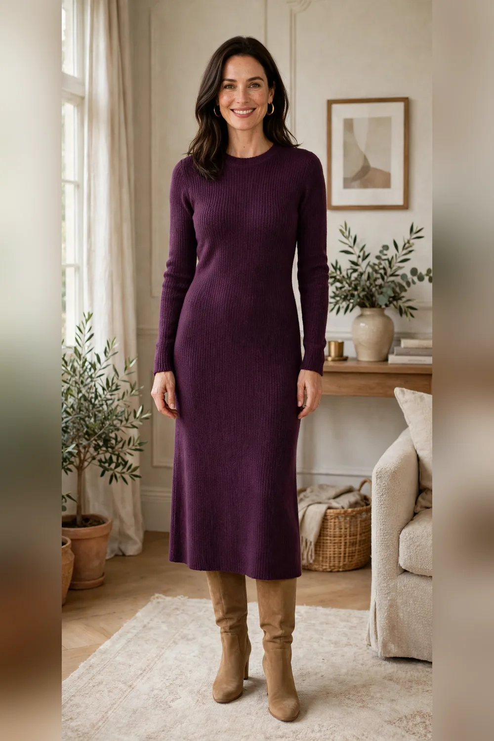 Woman in her 30s wearing a plum knit midi dress with tan knee-high boots