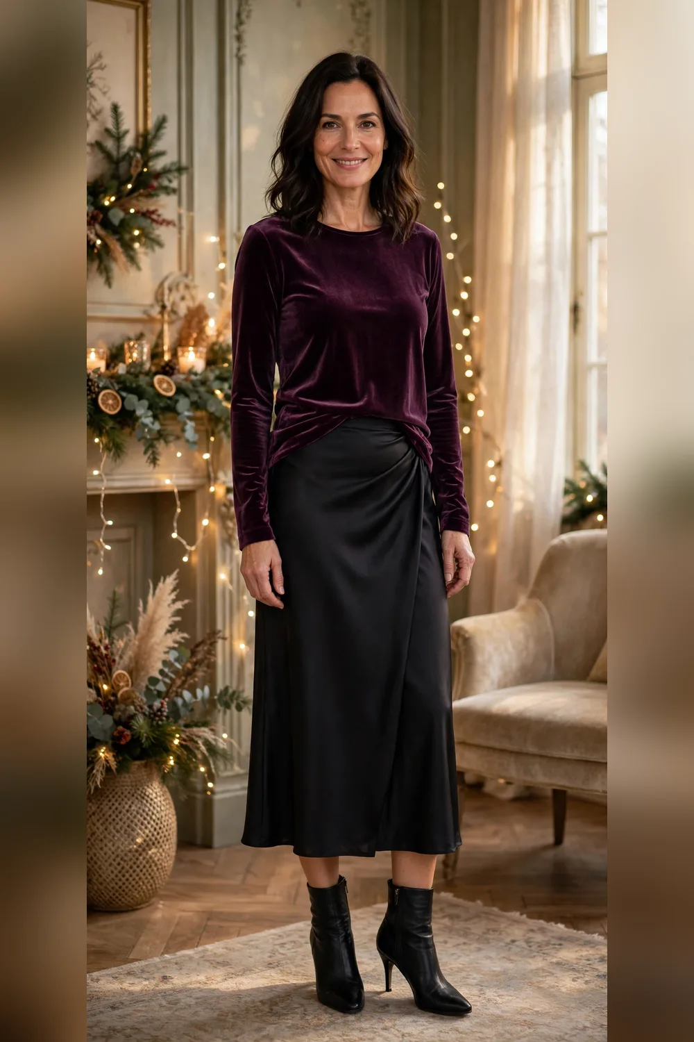 Plum velvet top with black satin midi skirt Christmas party outfit