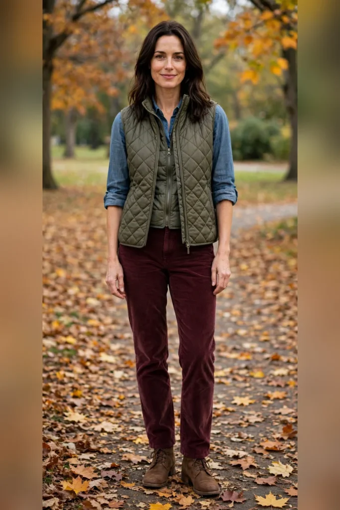 Woman in her 30s wearing a quilted olive vest over a chambray shirt and burgundy corduroys, casual outdoor fall scene.