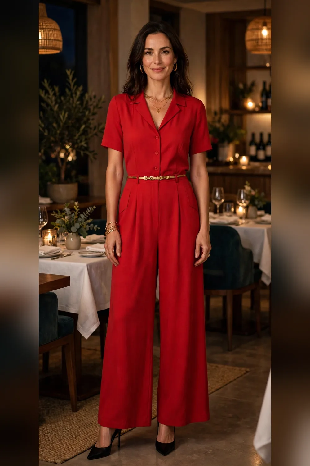 Red jumpsuit Valentine's date night outfit