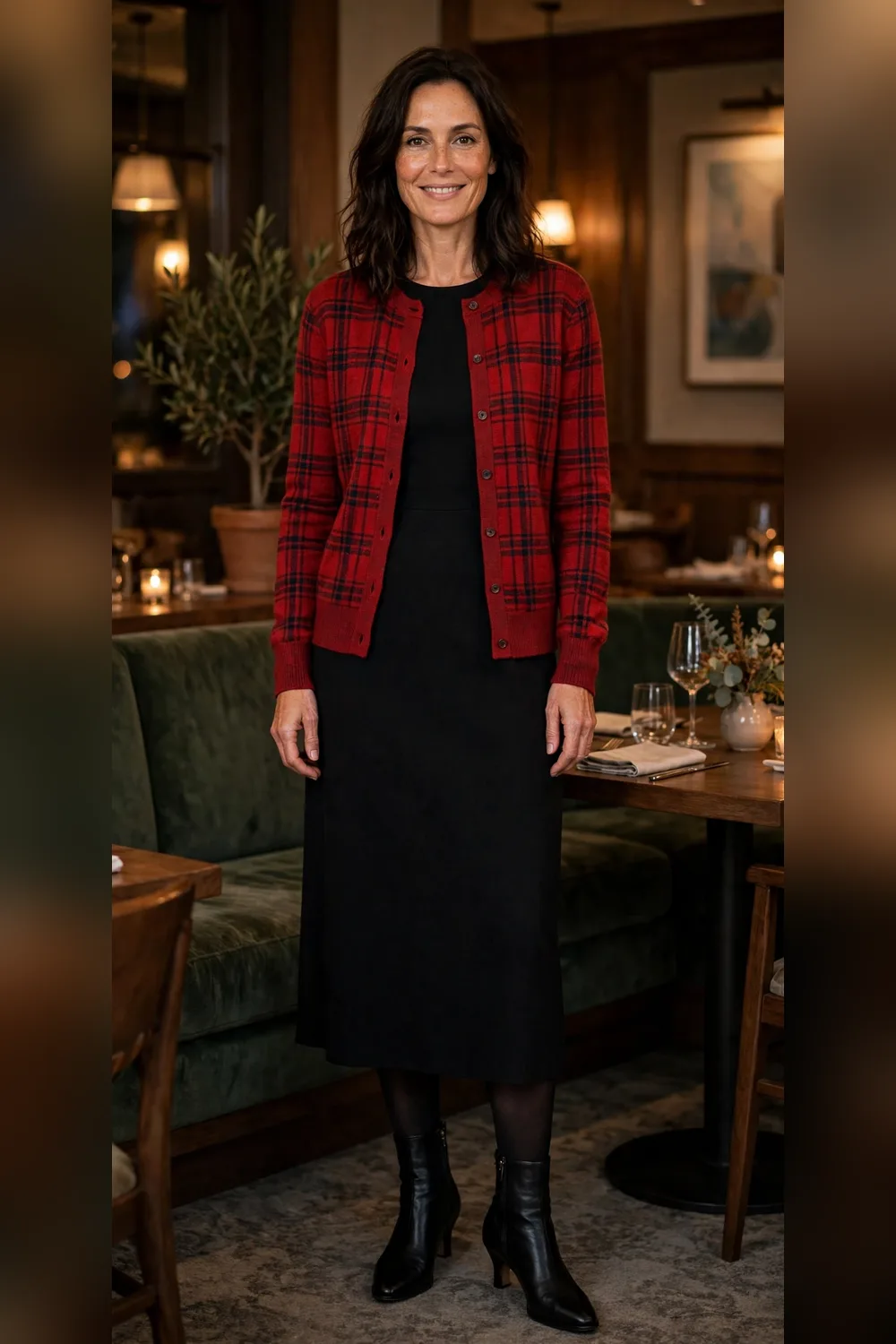 Red plaid buttoned cardigan with black midi dress outfit over 40