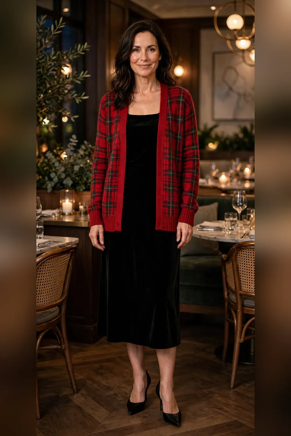 Red plaid cardigan with black velvet dress outfit over 40