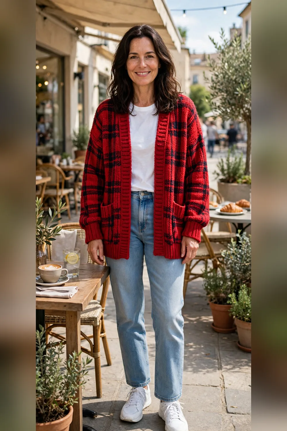 Red plaid chunky cardigan with light-wash jeans outfit over 40