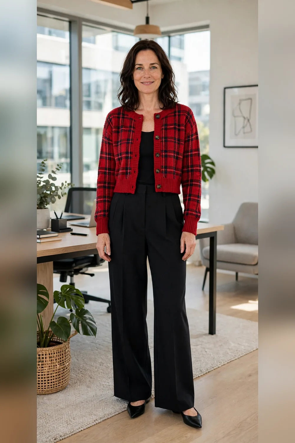 Red plaid cropped cardigan with black wide-leg trousers outfit over 40