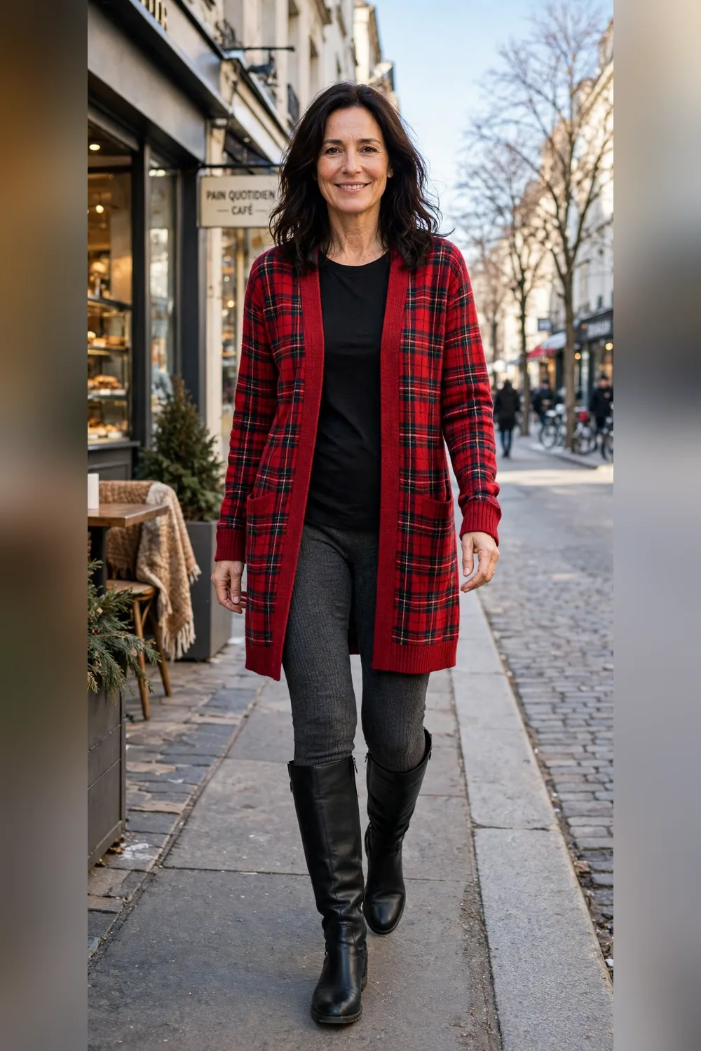 Red plaid longline cardigan with charcoal leggings outfit over 40