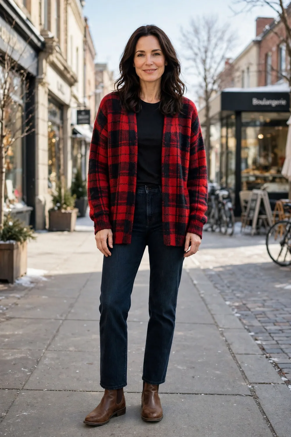 Red plaid open cardigan with dark straight jeans outfit over 40