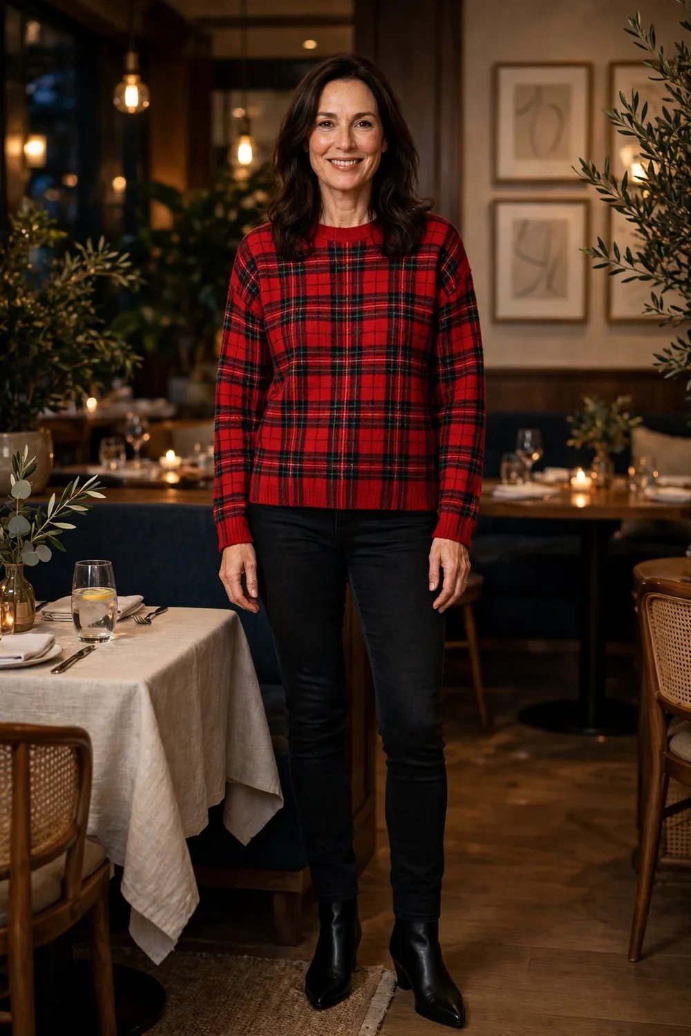 Red plaid sweater with black skinny jeans evening outfit over 40