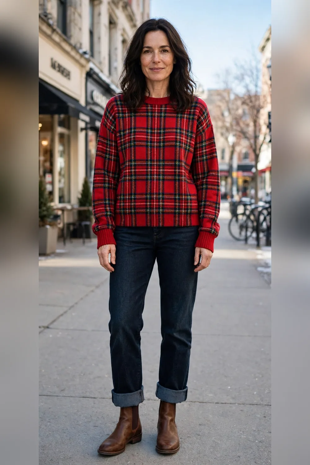 Red plaid sweater with cuffed dark jeans and brown ankle boots