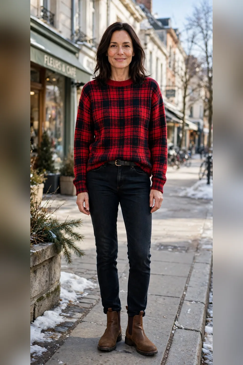Red plaid sweater with dark jeans outfit for women over 40