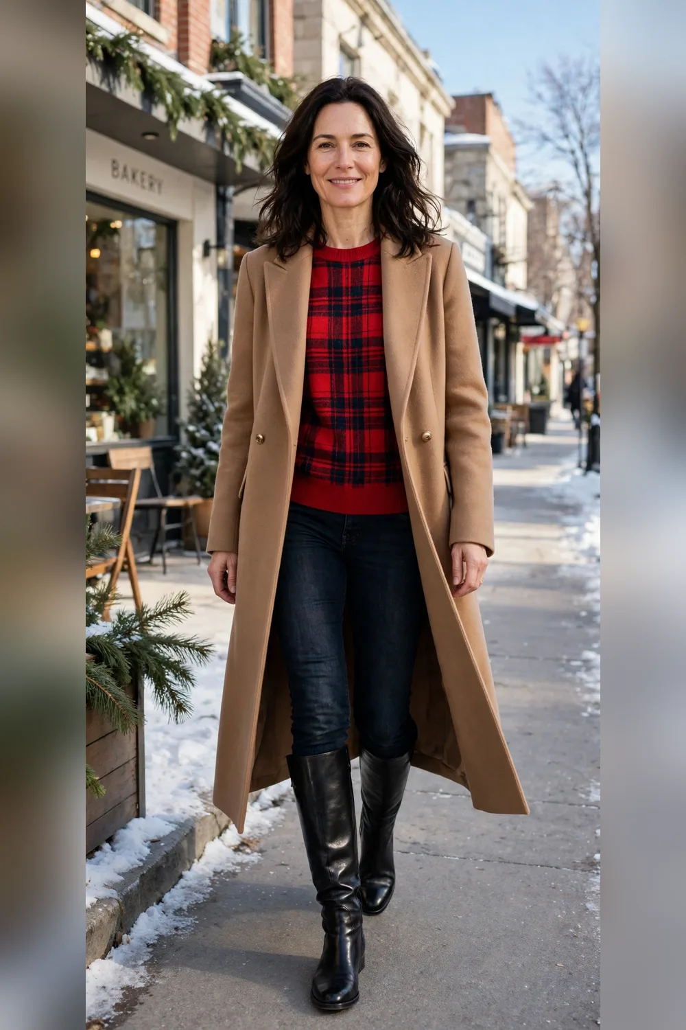Red plaid sweater with knee-high boots and camel coat outfit over 40
