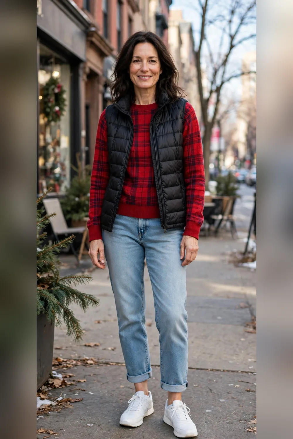 Red plaid sweater with light-wash boyfriend jeans and white sneakers
